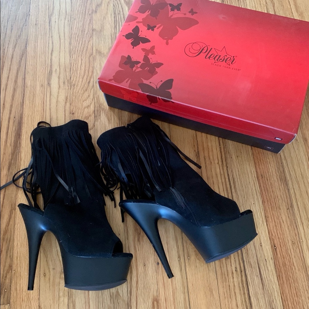 Black suede pleaser 6 inch platform fringe heels